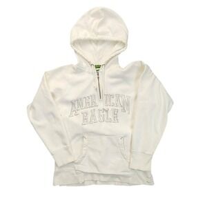 American Eagle Mens Quarter Zip Hoodie Cream/Ivory Distressed Spellout Large